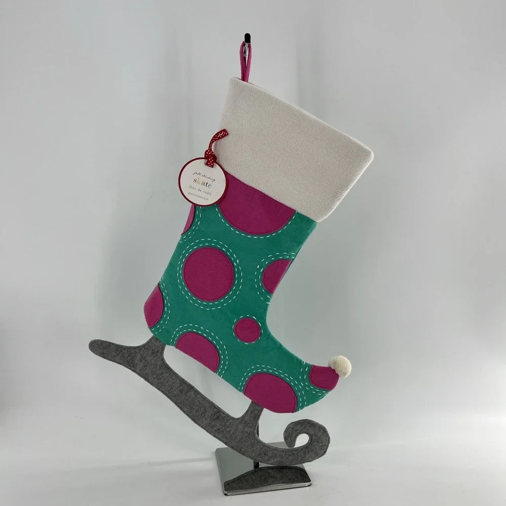 Rare Pottery Barn Felt Christmas Stocking‎ Figural Elf Ice Skate Polka Dot, 23